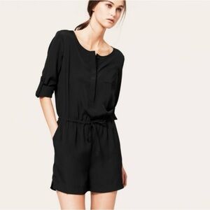 LOFT Black Romper Roll Tab Sleeves Button Front Tie Waist Casual Size 4